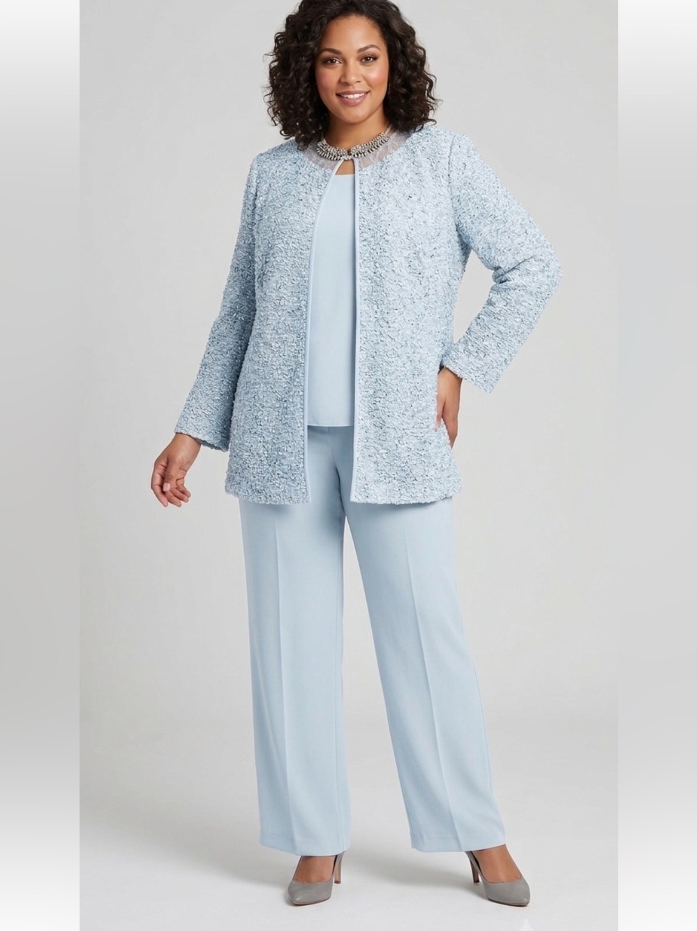 STACEY MICHEL Light Blue Lace Jacket Pantsuit Size 14